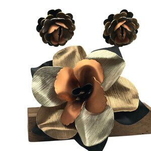 Autumn Mixed Metals Flower Brooch Pin and Clip On Earrings, Gift Jewelry Set
